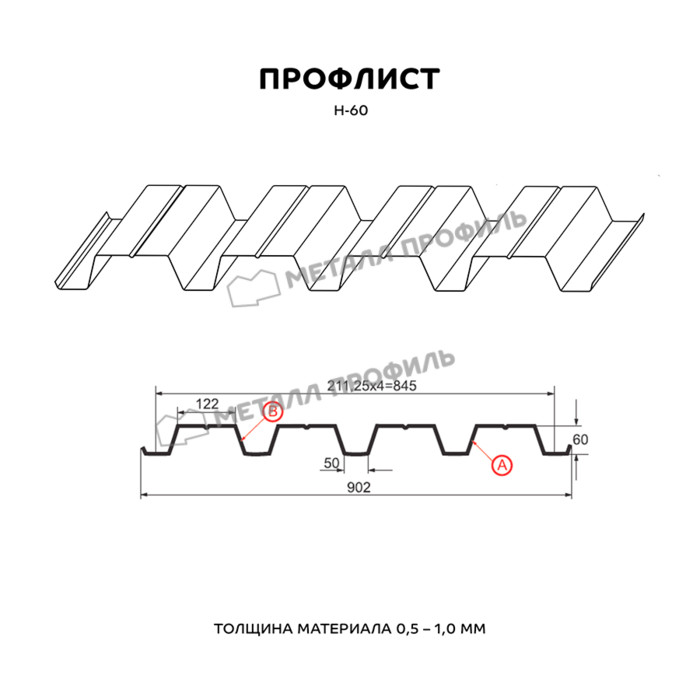 Профлист Металл Профиль Н-60 0,5 NormanMP RAL 3020 Красный насыщенный - фото №2